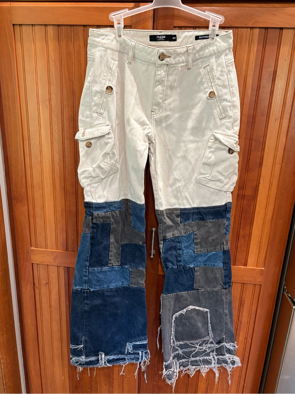 Patchwork Two-Tone Cargo Jeans - Cream & Blue